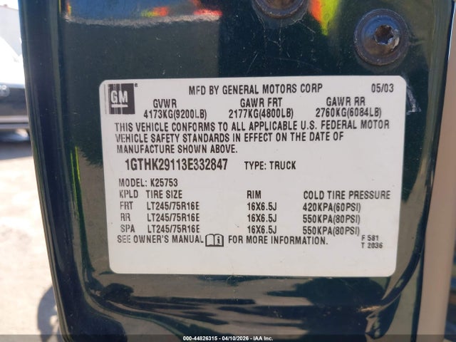 Aukcja sprzedaży 2003 Gmc Sierra 2500hd Sle, vin: 1GTHK29113E332847, numer aukcji: 44826315