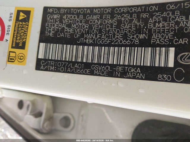 44826368 :رقم المزاد ، JTHBK1GG5F2206678 vin ، 2015 Lexus Es 350 مزاد بيع