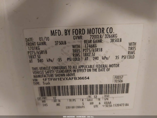 Auction sale of the 2010 Ford F-150 Fx4/harley-davidson/king Ranch/lariat/platinum/xl/xlt, vin: 1FTFW1EVXAFB36654, lot number: 44826380