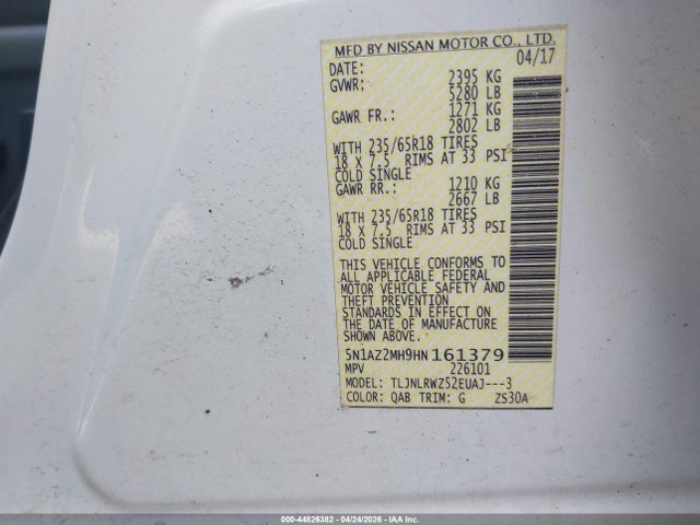 Продаж на аукціоні авто 2017 Nissan Murano Sl, vin: 5N1AZ2MH9HN161379, номер лоту: 44826382
