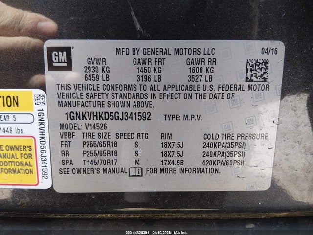 44826391 :رقم المزاد ، 1GNKVHKD5GJ341592 vin ، 2016 Chevrolet Traverse 2lt مزاد بيع