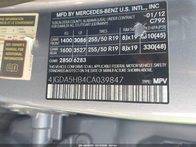 Aukcja sprzedaży 2012 Mercedes-benz Ml 350 4matic, vin: 4JGDA5HB4CA039847, numer aukcji: 44826392