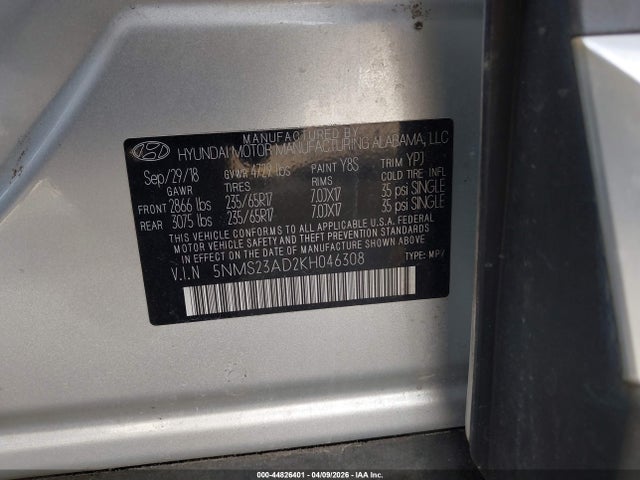 Aukcja sprzedaży 2019 Hyundai Santa Fe Se, vin: 5NMS23AD2KH046308, numer aukcji: 44826401