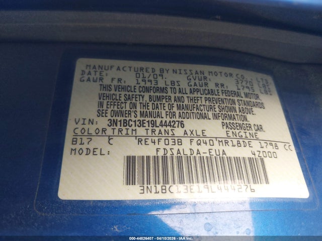 Продажа на аукционе авто 2009 Nissan Versa 1.8s, vin: 3N1BC13E19L444276, номер лота: 44826407
