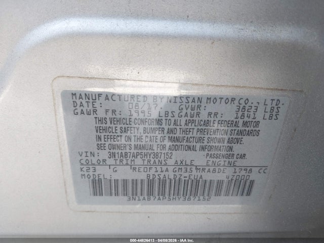 Aukcja sprzedaży 2017 Nissan Sentra Sv, vin: 3N1AB7AP5HY387152, numer aukcji: 44826413