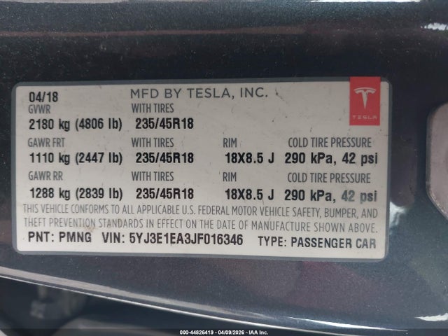 Aukcja sprzedaży 2018 Tesla Model 3 Long Range/mid Range, vin: 5YJ3E1EA3JF016346, numer aukcji: 44826419