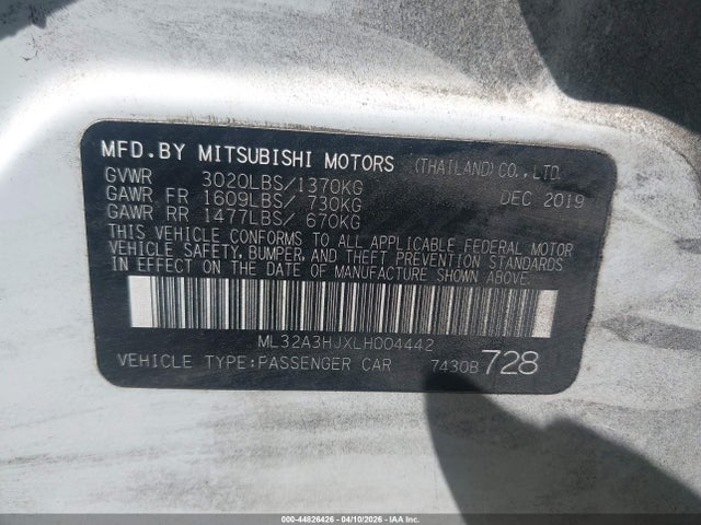 Aukcja sprzedaży 2020 Mitsubishi Mirage Es, vin: ML32A3HJXLH004442, numer aukcji: 44826426