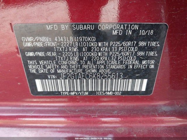 2019 Subaru Crosstrek 2.0i Premium მანქანა იყიდება აუქციონზე, vin: JF2GTAEC6K8255613, აუქციონის ნომერი: 44826433