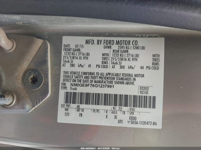 44826441 :رقم المزاد ، NM0GE9F76G1237991 vin ، 2016 Ford Transit Connect Xlt مزاد بيع