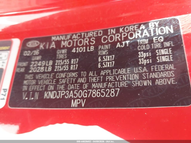 44826452 :رقم المزاد ، KNDJP3A50G7865287 vin ، 2016 Kia Soul + مزاد بيع