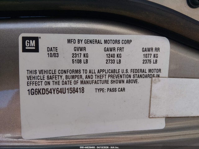 Продаж на аукціоні авто 2004 Cadillac Deville Standard, vin: 1G6KD54Y64U158418, номер лоту: 44826468