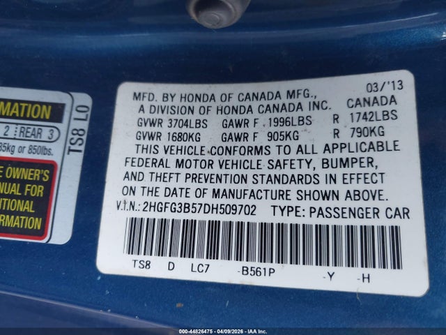 Aukcja sprzedaży 2013 Honda Civic Lx, vin: 2HGFG3B57DH509702, numer aukcji: 44826475