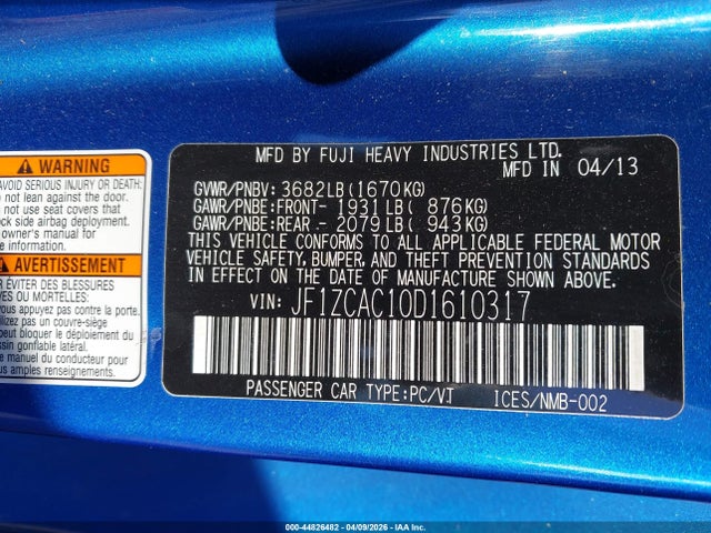 Aukcja sprzedaży 2013 Subaru Brz Limited, vin: JF1ZCAC10D1610317, numer aukcji: 44826482