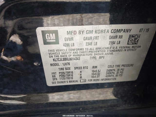 KL7CJLSBXLB014343 Chevrolet Trax Fwd Lt