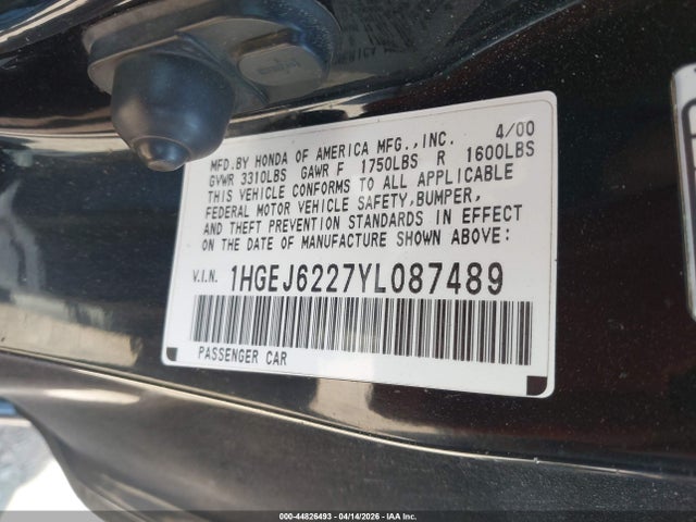 Aukcja sprzedaży 2000 Honda Civic Dx, vin: 1HGEJ6227YL087489, numer aukcji: 44826493