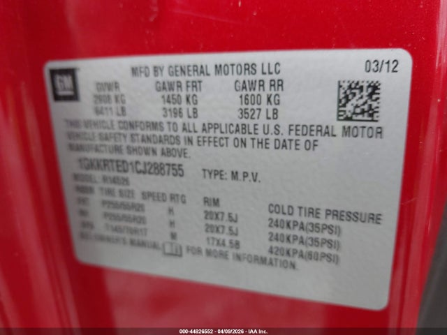 Aukcja sprzedaży 2012 Gmc Acadia Denali, vin: 1GKKRTED1CJ288755, numer aukcji: 44826552