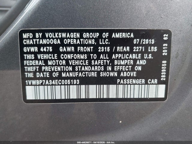 44826571 :رقم المزاد ، 1VWBP7A34EC005193 vin ، 2014 Volkswagen Passat 2.5l Se مزاد بيع