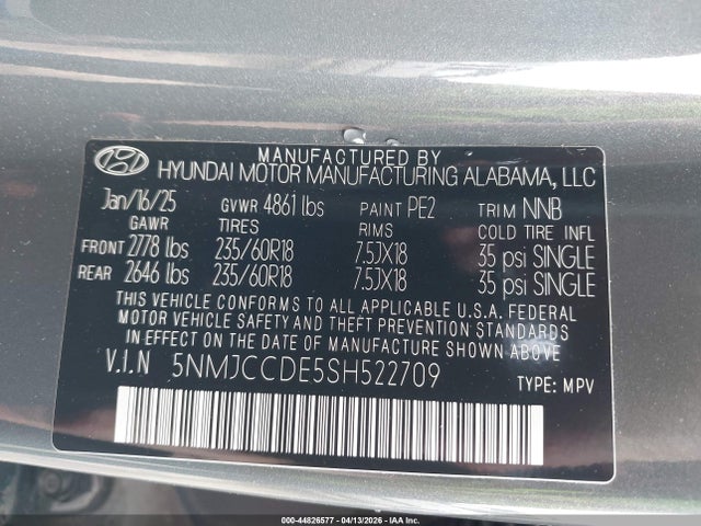 44826577 :رقم المزاد ، 5NMJCCDE5SH522709 vin ، 2025 Hyundai Tucson Sel Convenience مزاد بيع