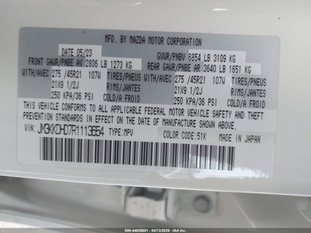 44826591 :رقم المزاد ، JM3KKDHD7R1113654 vin ، 2024 Mazda Cx-90 3.3 Turbo Premium مزاد بيع