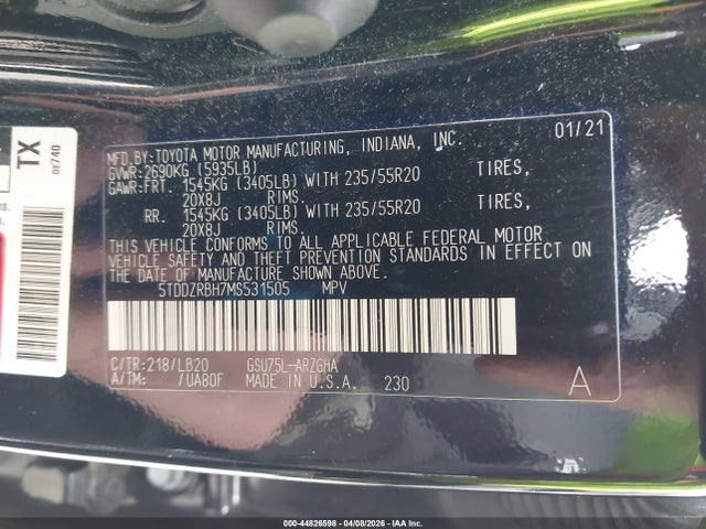 Aukcja sprzedaży 2021 Toyota Highlander Limited, vin: 5TDDZRBH7MS531505, numer aukcji: 44826598