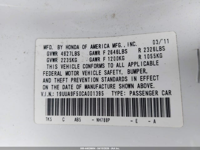 44826604 :رقم المزاد ، 19UUA9F50CA001395 vin ، 2012 Acura Tl 3.7 مزاد بيع