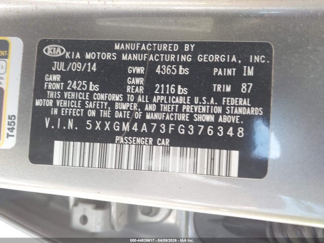 44826617 :رقم المزاد ، 5XXGM4A73FG376348 vin ، 2015 Kia Optima Lx مزاد بيع