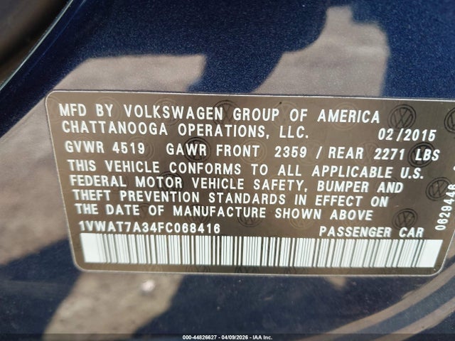 2015 Volkswagen Passat 1.8t Wolfsburg Edition მანქანა იყიდება აუქციონზე, vin: 1VWAT7A34FC068416, აუქციონის ნომერი: 44826627