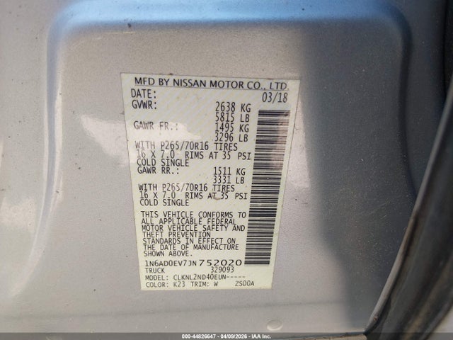 Продажа на аукционе авто 2018 Nissan Frontier Sv, vin: 1N6AD0EV7JN752020, номер лота: 44826647