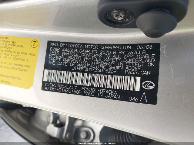 44826666 :رقم المزاد ، JTHBF30GX36015269 vin ، 2003 Lexus Es 300 مزاد بيع