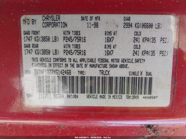 1999 Dodge Ram 1500 მანქანა იყიდება აუქციონზე, vin: 3B7HF13Z2XG142468, აუქციონის ნომერი: 44826674
