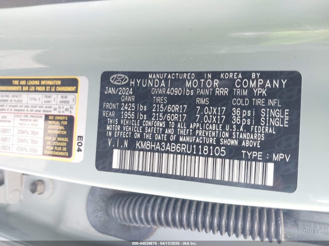 2024 Hyundai Kona Se მანქანა იყიდება აუქციონზე, vin: KM8HA3AB6RU118105, აუქციონის ნომერი: 44826676