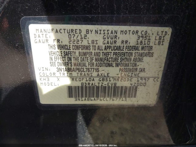 44826712 :رقم المزاد ، 3N1AB6AP6CL767715 vin ، 2012 Nissan Sentra 2.0 S مزاد بيع