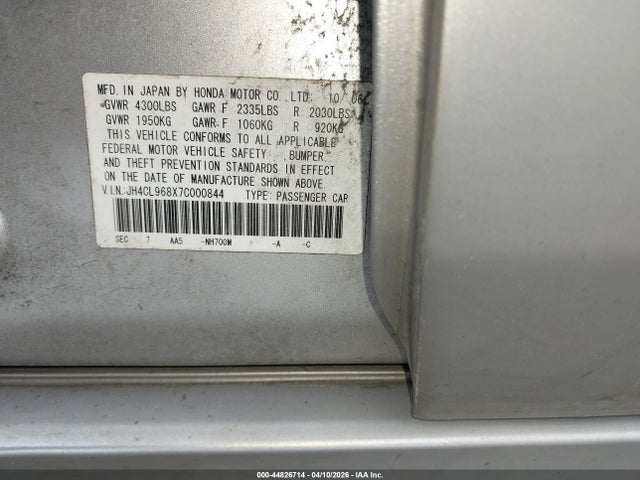 2007 Acura Tsx მანქანა იყიდება აუქციონზე, vin: JH4CL968X7C000844, აუქციონის ნომერი: 44826714