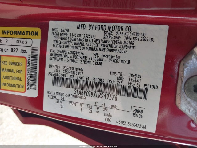 Aukcja sprzedaży 2020 Ford Fusion Se, vin: 3FA6P0T9XLR249576, numer aukcji: 44826720