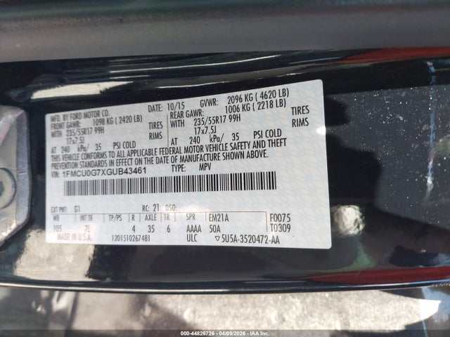 44826726 :رقم المزاد ، 1FMCU0G7XGUB43461 vin ، 2016 Ford Escape Se مزاد بيع
