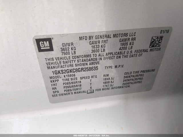 2016 Gmc Yukon Xl Slt მანქანა იყიდება აუქციონზე, vin: 1GKS2GKC8GR258635, აუქციონის ნომერი: 44826729