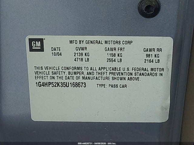 44826731 :رقم المزاد ، 1G4HP52K35U168673 vin ، 2005 Buick Lesabre Custom مزاد بيع