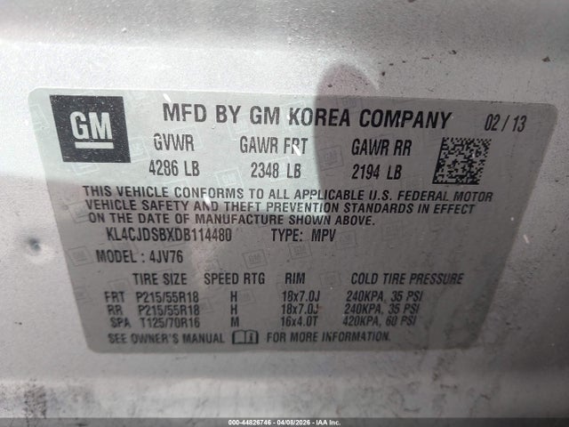 2013 Buick Encore Premium მანქანა იყიდება აუქციონზე, vin: KL4CJDSBXDB114480, აუქციონის ნომერი: 44826746