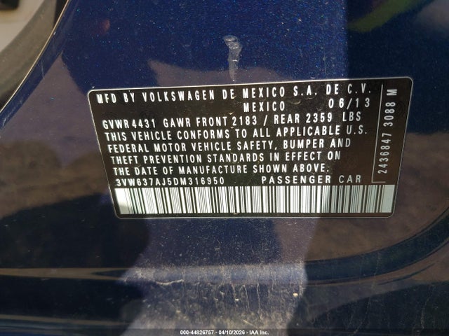 Aukcja sprzedaży 2013 Volkswagen Jetta Hybrid Sel, vin: 3VW637AJ5DM316950, numer aukcji: 44826757