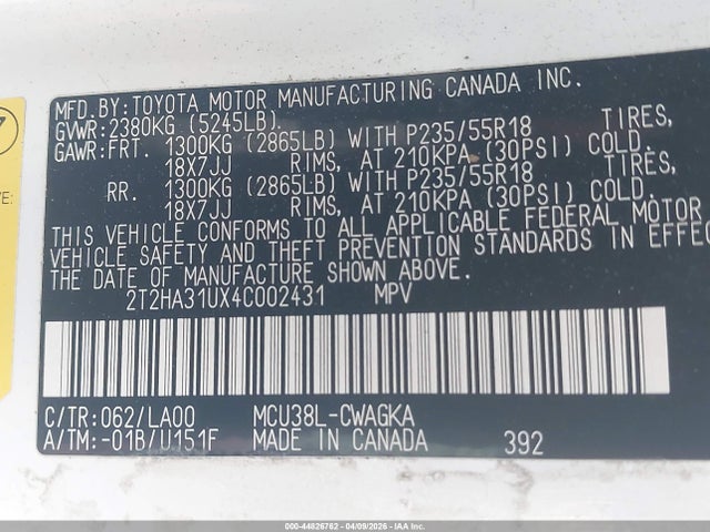 44826762 :رقم المزاد ، 2T2HA31UX4C002431 vin ، 2004 Lexus Rx 330 مزاد بيع