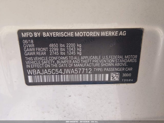44826763 :رقم المزاد ، WBAJA5C54JWA57712 vin ، 2018 Bmw 530i مزاد بيع
