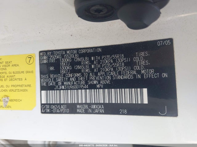 44826775 :رقم المزاد ، JTJHW31U960019544 vin ، 2006 Lexus Rx 400h مزاد بيع