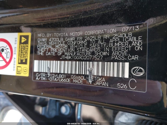 Aukcja sprzedaży 2013 Lexus Es 350, vin: JTHBK1GGXD2077527, numer aukcji: 44826774