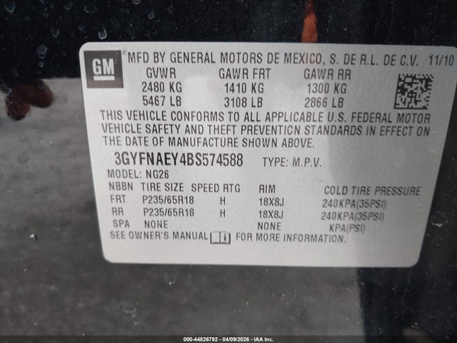 44826792 :رقم المزاد ، 3GYFNAEY4BS574588 vin ، 2011 Cadillac Srx Luxury Collection مزاد بيع