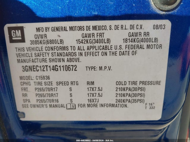 Продажа на аукционе авто 2004 Chevrolet Avalanche 1500, vin: 3GNEC12T14G110672, номер лота: 44826802