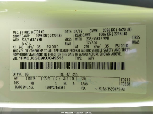 44826814 :رقم المزاد ، 1FMCU0GD9KUC49513 vin ، 2019 Ford Escape Se مزاد بيع