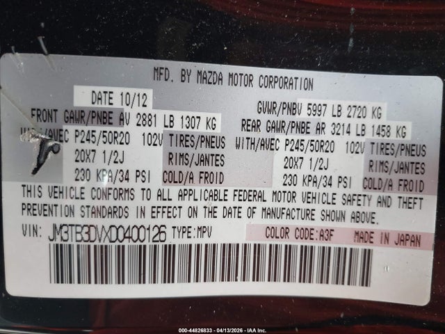 Продаж на аукціоні авто 2013 Mazda Cx-9 Grand Touring, vin: JM3TB3DVXD0400126, номер лоту: 44826833
