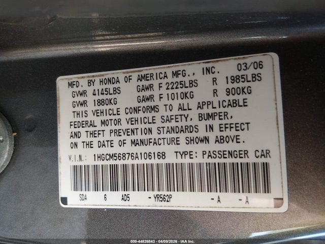 2006 Honda Accord 2.4 Ex მანქანა იყიდება აუქციონზე, vin: 1HGCM56876A106168, აუქციონის ნომერი: 44826843
