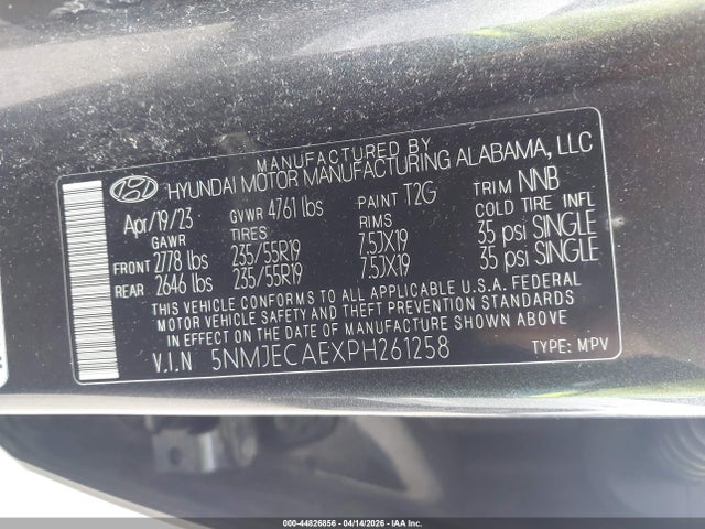 44826856 :رقم المزاد ، 5NMJECAEXPH261258 vin ، 2023 Hyundai Tucson Limited مزاد بيع