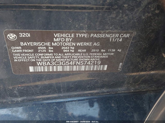 44826861 :رقم المزاد ، WBA3C3G54FNS74219 vin ، 2015 Bmw 320i Xdrive مزاد بيع